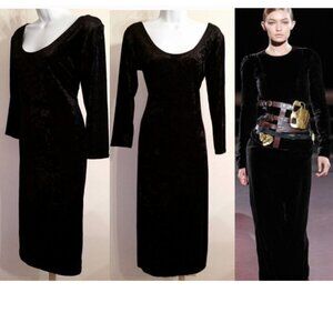 Vintage 90's Crushed Velvet Black Dress Sz M Midi Dark Romantic Goth.